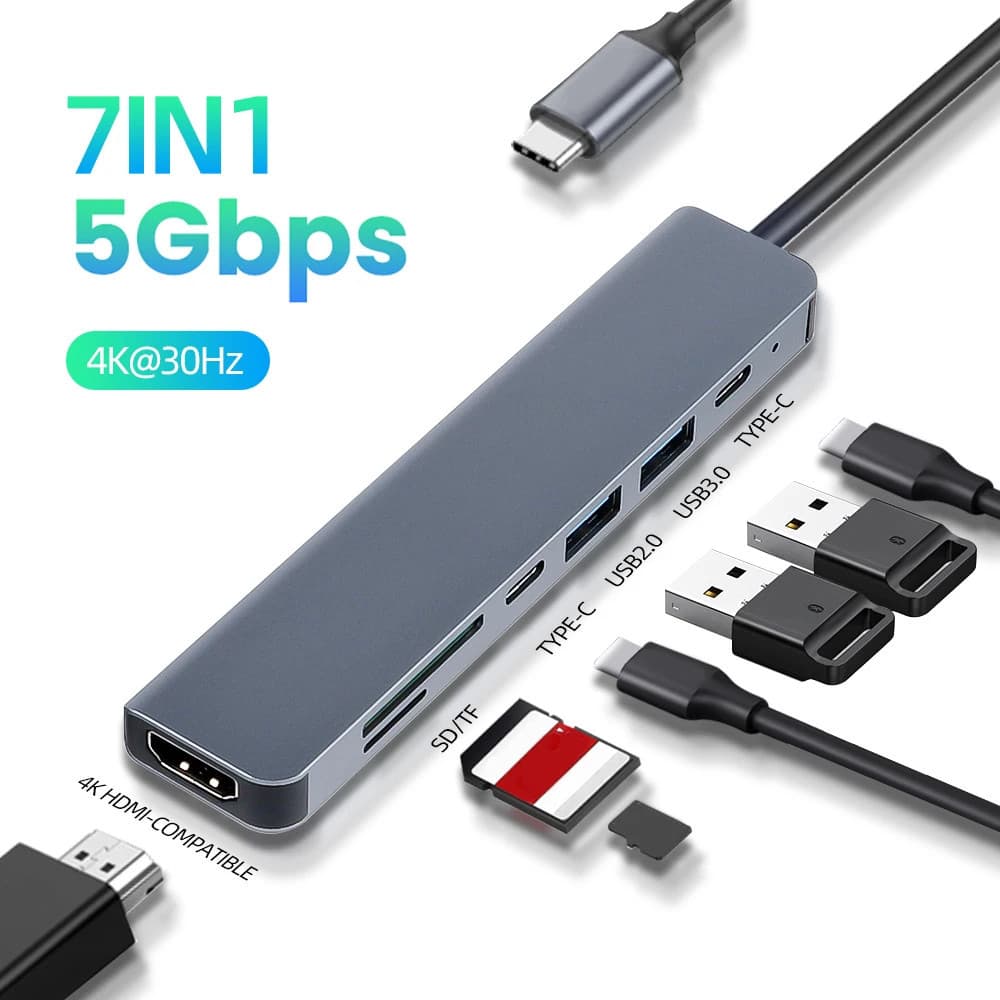 Type-C 7-in-1 Multi-port USB Hub For PCs And Laptops 7in1